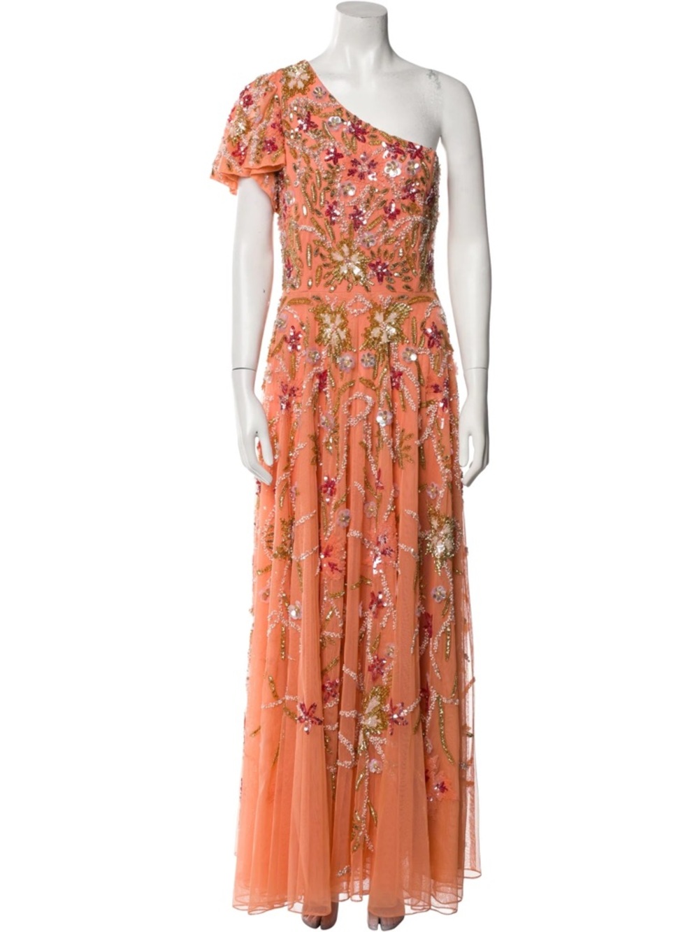 Mac Duggal 5617 Tulle A line Beaded Coral One-Shoulder Dress  gown size 2